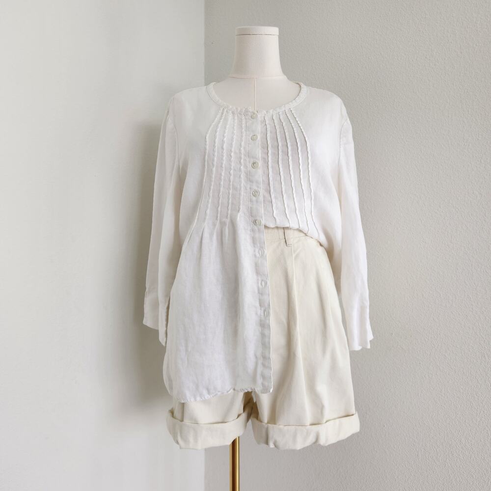 Vintage Y2K White Linen Pleated Button Up Blouse 3/4 Sleeve Cottage Choices XL